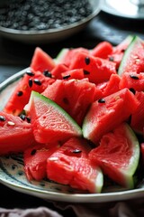 Poster - A plate of watermelon slices with black seeds on top. Scene is refreshing and healthy