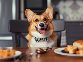 Wall Mural - A dog is sitting at a table with food on it. The dog is wearing a bow tie and he is happy