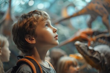 Wall Mural - A boy is looking at a dinosaur in a museum. There are other children around him, some of whom are looking at the dinosaur as well