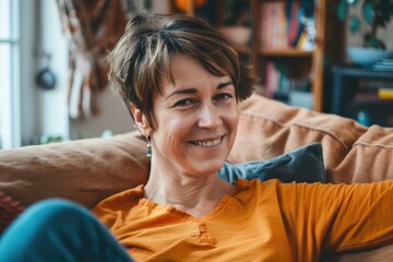 Wall Mural - A woman is sitting on a couch with a smile on her face. She is wearing an orange shirt and has a pair of earrings. The room is filled with books, and there is a bowl on the table