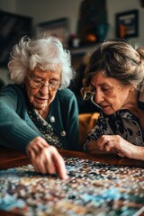 Wall Mural - Two women are sitting at a table looking at a jigsaw puzzle. One of them is pointing at a piece