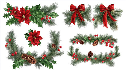 Wall Mural - vector illustration, set of Christmas decor elements , Garland festive set, isolated on white background. Christmas design elements for poster, greeting card, website.