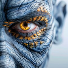 Close up of a Yellow Eye with Blue and Gold Face Paint