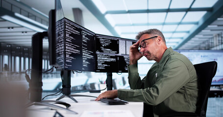 Fototapete - Unhappy Sad Developer Programmer Man In Stress Coding Software