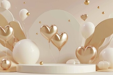 Wall Mural - A white background with gold and white balloons and gold hearts. The balloons and hearts are scattered throughout the scene, creating a sense of celebration and joy