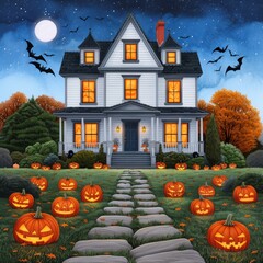 Wall Mural - Halloween Haunted House with Jack O Lanterns and Bats