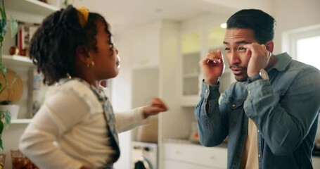 Poster - Boxing, fun or game with father and daughter in kitchen of home for development or motor skills. Happy, learning or love with single parent man and girl child in apartment for self defense training