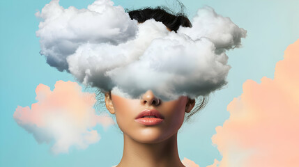 Contemporary art collage of female portrait, face covered with cloud isolated over pastel background  