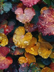 Poster - A close up of a bunch of leaves with raindrops on them. The leaves are of different colors, including yellow, red, and green. Concept of freshness and vitality