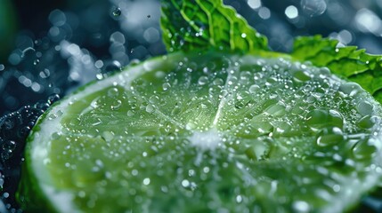 Sticker - A lime is shown with water droplets on it. The lime is green and has a small green leaf on top