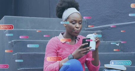 Poster - Animation of media icons over biracial woman using smartphone