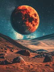 Wall Mural - a red moon is in the sky above a desert landscape. the scene is peaceful and serene, with the moon c
