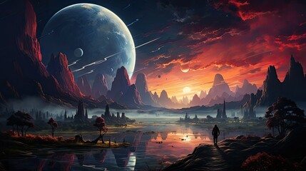 Wall Mural - realistic planetary background outer space galaxy sky nebula imagine stars moonlight fantasy astronomy lanscape 