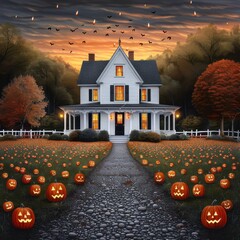 Wall Mural - Halloween Pumpkin Pathway to Victorian House