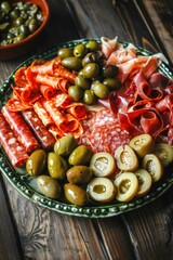 Wall Mural - A green plate with a variety of meats and olives. The plate is on a wooden table