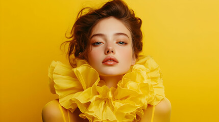 Dinner party. Young indifferent girl in giant jabot collar or neckwear and yellow tights isolated over yellow background. Contemporary art, weird beauty, fashion  