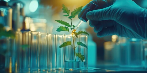 Wall Mural - A person is pouring liquid into a glass container with a plant inside. Concept of scientific experimentation and precision