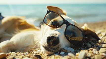 A dog is laying on the beach wearing sunglasses. The dog appears to be enjoying the sun and the beach