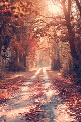 Wall Mural - A road in a forest with autumn leaves on the ground. The road is empty and the sun is shining through the trees