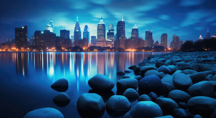 Poster - Serene Urban Nightscape with River Reflection