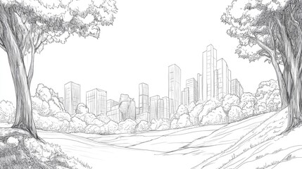 Poster - line art illustration of a pencil sketch depicting a scenic landscape featuring a notable architectu