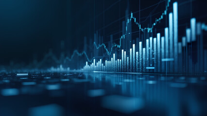 Perspective view of stock market growth business investing and data concept with digital financial chart graphs diagrams and indicators on dark blue blurry background