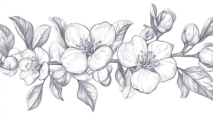  Line art illustration of pear blossoms and foliage on a white background Hand drawn design