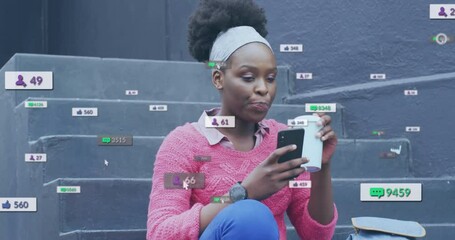 Poster - Animation of media icons over biracial woman using smartphone