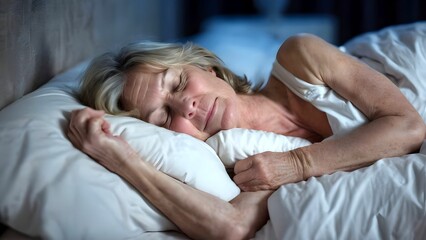 Healthy middle-aged woman have a good night beauty sleep in her bedroom, sleep on side, having best rest orquality sleep when body is well-rested