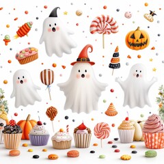 Wall Mural - Cute Halloween Ghost  Candy  Cupcakes  and Pumpkin Illustration