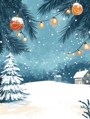 Line art illustration depicting a festive Christmas backdrop with enchanting lighting effects embodying the magic of winter