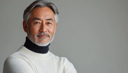 stylish beautiful asian senior man with beard wearing white sweater on grey background with copy space, minimalistic portrait