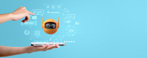 Poster - Woman hands and finger touch AI bot, creative services icons. Copy space