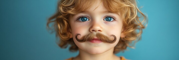 little blond boy with mustache on blue background, funny