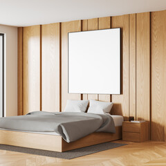 Sticker - Wooden hotel bedroom interior with bed and decoration. Mockup frame