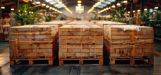 Three pallets stacked with cardboard boxes, in an industrial setting.