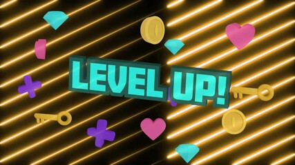 Poster - Animation of level up text over shapes on neon background