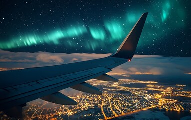 majestic northern lights over reykjavik: aerial view from airplane window at night