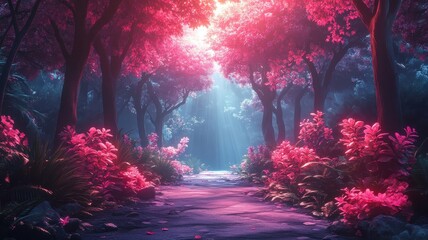 Synthwave style forest with neon colors and retro-futuristic elements.