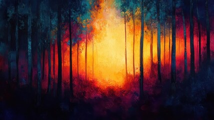 Abstract Expressionism style forest with bold strokes and dynamic textures.