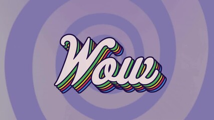 Poster - Animation of rainbow wow text over purple pattern background