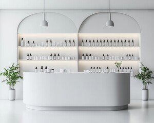 Wall Mural - White minimalist pharmacy with sleek counters, bright lighting, and organized product displays, Photorealistic, 3D Render