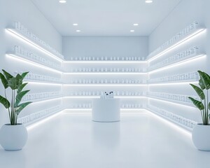 Wall Mural - A minimalist pharmacy store with white shelves, bright lighting, clean lines, and sleek modern counters, Photorealistic, 3D Render