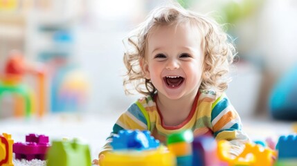 A joyful child playing with new toys in a welcoming, bright room