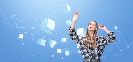 Aufkleber - Woman interacting with virtual elements in digital space, light