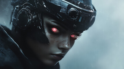 Poster - A woman with red eyes and a black helmet