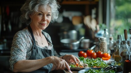 Senior Culinary Influencer: Woman in 50s Vlogging Nutritious Recipes in Kitchen for Older Adults