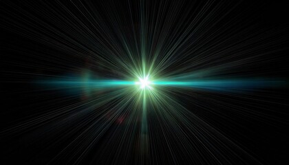 Poster - Bright central point emitting green light beams against a black background