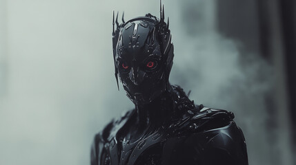 Wall Mural - A man with a black helmet and red eyes stands in front of a foggy background