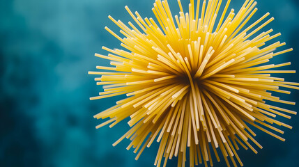 Italian spaghetti pasta. Flower of spaghetti gathered in a bunch. View from the top  